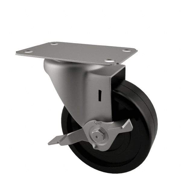 E.R. Wagner - 3" Diam x 1-1/4" Wide x 3-3/4" OAH Top Plate Mount Swivel Caster with Brake - Soft Rubber, 125 Lb Capacity, Delrin Bearing, 2-3/4 x 3-3/4" Plate - Eagle Tool & Supply