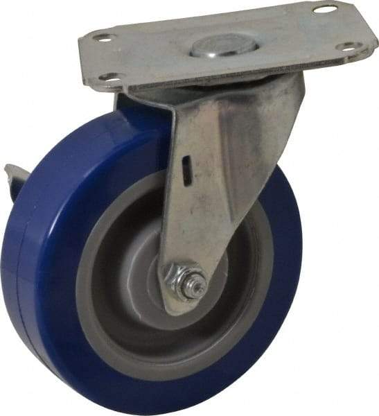 E.R. Wagner - 4" Diam x 1-1/4" Wide x 4-11/16" OAH Top Plate Mount Swivel Caster with Brake - Polyurethane, 275 Lb Capacity, Delrin Bearing, 2-3/4 x 3-3/4" Plate - Eagle Tool & Supply