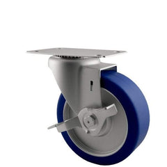 E.R. Wagner - 5" Diam x 1-1/4" Wide x 5-5/8" OAH Top Plate Mount Swivel Caster with Brake - Polyurethane, 280 Lb Capacity, Delrin Bearing, 2-3/4 x 3-3/4" Plate - Eagle Tool & Supply