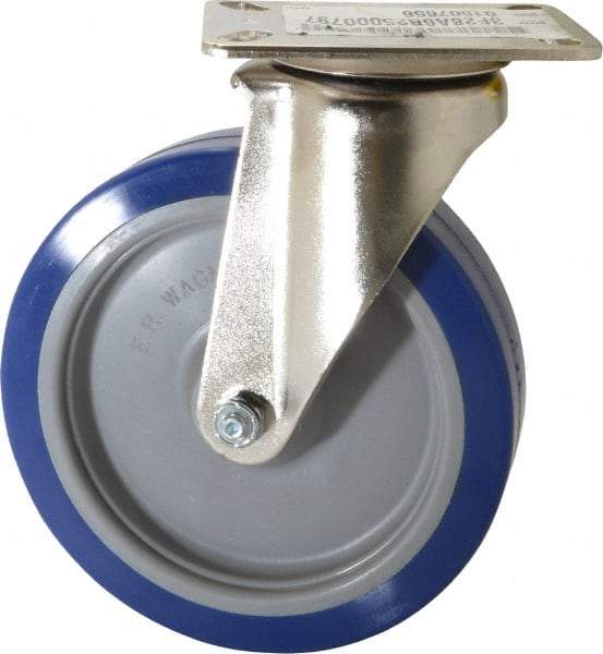 E.R. Wagner - 6" Diam x 1-1/2" Wide x 7-3/8" OAH Top Plate Mount Swivel Caster - Polyurethane, 450 Lb Capacity, Delrin Bearing, 3-1/8 x 4-1/8" Plate - Eagle Tool & Supply