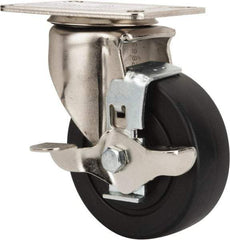 E.R. Wagner - 4" Diam x 1-1/2" Wide x 5-3/8" OAH Top Plate Mount Swivel Caster with Brake - Polyolefin, 375 Lb Capacity, Delrin Bearing, 3-1/8 x 4-1/8" Plate - Eagle Tool & Supply