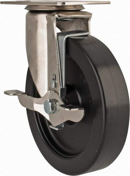 E.R. Wagner - 6" Diam x 1-3/8" Wide x 7-3/8" OAH Top Plate Mount Swivel Caster with Brake - Polyolefin, 450 Lb Capacity, Delrin Bearing, 3-1/8 x 4-1/8" Plate - Eagle Tool & Supply