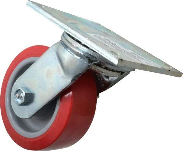E.R. Wagner - 5" Diam x 2" Wide x 6-1/2" OAH Top Plate Mount Swivel Caster - Polyurethane, 750 Lb Capacity, Roller Bearing, 4 x 4-1/2" Plate - Eagle Tool & Supply