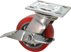 E.R. Wagner - 5" Diam x 2" Wide x 6-1/2" OAH Top Plate Mount Swivel Caster with Brake - Polyurethane, 750 Lb Capacity, Roller Bearing, 4 x 4-1/2" Plate - Eagle Tool & Supply