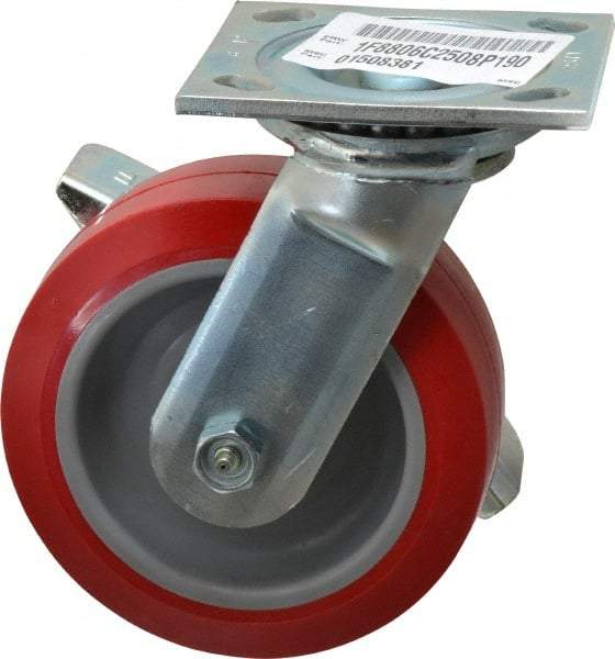 E.R. Wagner - 6" Diam x 2" Wide x 7-1/2" OAH Top Plate Mount Swivel Caster with Brake - Polyurethane, 900 Lb Capacity, Roller Bearing, 4 x 4-1/2" Plate - Eagle Tool & Supply
