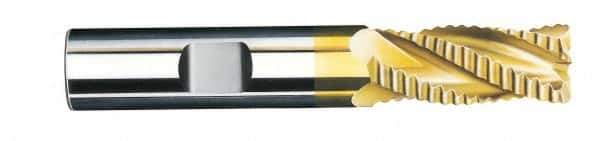 SGS - 1/2" Diam, Coarse Pitch, 1" LOC, 4 Flute Solid Carbide 0.06" Corner Radius Roughing End Mill - TiN Finish, 3" OAL, 1/2" Shank Diam, Single End, Centercutting, 30° Helix - Eagle Tool & Supply