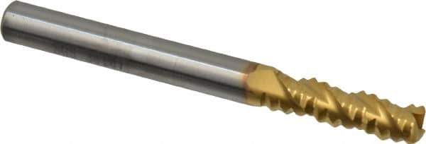 SGS - 1/4" Diam, Coarse Pitch, 3/4" LOC, 3 Flute Solid Carbide 0.045" Corner Radius Roughing End Mill - TiN Finish, 2-1/2" OAL, 1/4" Shank Diam, Single End, Centercutting, 40° Helix - Eagle Tool & Supply