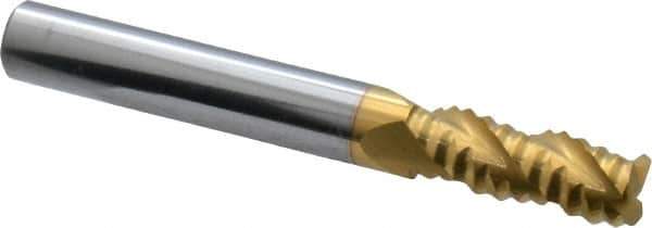 SGS - 5/16" Diam, Coarse Pitch, 3/4" LOC, 3 Flute Solid Carbide 0.045" Corner Radius Roughing End Mill - TiN Finish, 2-1/2" OAL, 5/16" Shank Diam, Single End, Centercutting, 40° Helix - Eagle Tool & Supply