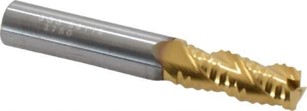 SGS - 3/8" Diam, Coarse Pitch, 7/8" LOC, 3 Flute Solid Carbide 0.06" Corner Radius Roughing End Mill - TiN Finish, 2-1/2" OAL, 3/8" Shank Diam, Single End, Centercutting, 40° Helix - Eagle Tool & Supply
