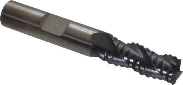 SGS - 3/8" Diam, Coarse Pitch, 7/8" LOC, 3 Flute Solid Carbide 0.06" Corner Radius Roughing End Mill - AlTiN Finish, 2-1/2" OAL, 3/8" Shank Diam, Single End, Centercutting, 40° Helix - Eagle Tool & Supply