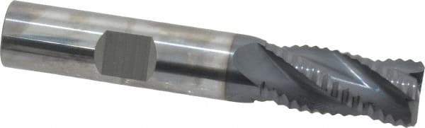 SGS - 1/2" Diam, Coarse Pitch, 1" LOC, 4 Flute Solid Carbide 0.06" Corner Radius Roughing End Mill - AlTiN Finish, 3" OAL, 1/2" Shank Diam, Single End, Centercutting, 30° Helix - Eagle Tool & Supply