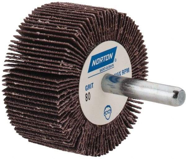 Norton - 2" Diam x 1" Face Width, Medium Aluminum Oxide Coated Mounted Flap Wheel - 1/4" Shank Mount, 80 Grit, Cloth Backing, 23,000 Max RPM - Eagle Tool & Supply