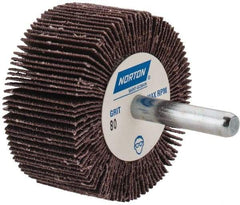 Norton - 2" Diam x 1" Face Width, Medium Aluminum Oxide Coated Mounted Flap Wheel - 1/4" Shank Mount, 80 Grit, Cloth Backing, 23,000 Max RPM - Eagle Tool & Supply