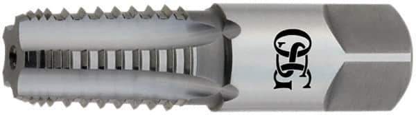 OSG - 1/2-14 NPT, 5 Flutes, TiCN Coated, High Speed Steel, Interrupted Thread Pipe Tap - 11/16 Inch Shank Diameter, 11/16 Inch Shank Diameter, 1-3/8 Inch Thread Length, 0.51 Inch Square Size, 2-1/2 Chamfer, Series 108G - Eagle Tool & Supply