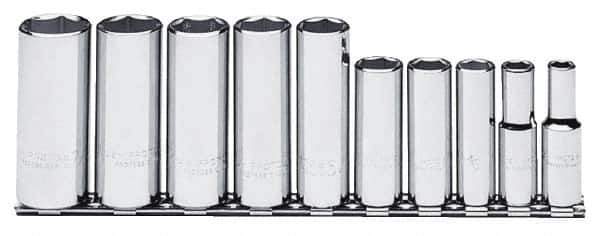 Proto - 10 Piece 3/8" Drive Chrome Finish Deep Well Socket Set - 6 Points, 5/16" to 7/8" Range, Inch Measurement Standard - Eagle Tool & Supply