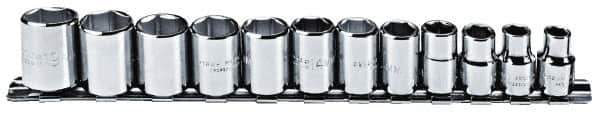 Proto - 12 Piece 3/8" Drive Chrome Finish Socket Set - 6 Points, 8mm to 19mm Range, Metric Measurement Standard - Eagle Tool & Supply