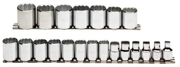 Proto - 21 Piece 3/8" Drive Chrome Finish Socket Set - 12 Points, 6mm to 26mm Range, Metric Measurement Standard - Eagle Tool & Supply