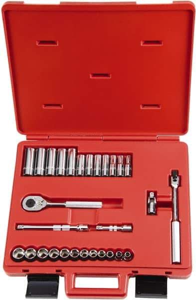Proto - 29 Piece 3/8" Drive Chrome Finish Deep Well Socket Set - 6 Points, 8mm to 19mm Range, Metric Measurement Standard - Eagle Tool & Supply