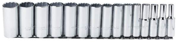 Proto - 15 Piece 1/2" Drive Chrome Finish Deep Well Socket Set - 12 Points, 3/8" to 1-1/4" Range, Inch Measurement Standard - Eagle Tool & Supply