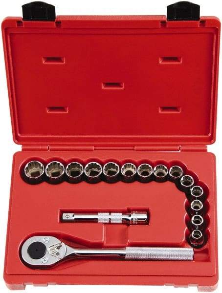 Proto - 16 Piece 1/2" Drive Chrome Finish Socket Set - 12 Points, 10mm to 23mm Range, Metric Measurement Standard - Eagle Tool & Supply