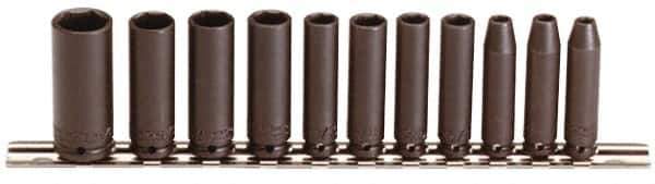 Proto - 11 Piece 1/4" Drive Black Finish Deep Well Impact Socket Set - 6 Points, 3/16" to 5/8" Range, Inch Measurement Standard - Eagle Tool & Supply