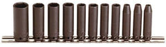 Proto - 11 Piece 1/4" Drive Black Finish Deep Well Impact Socket Set - 6 Points, 3/16" to 5/8" Range, Inch Measurement Standard - Eagle Tool & Supply