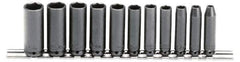 Proto - 11 Piece 1/4" Drive Black Finish Deep Well Impact Socket Set - 6 Points, 5mm to 15mm Range, Metric Measurement Standard - Eagle Tool & Supply