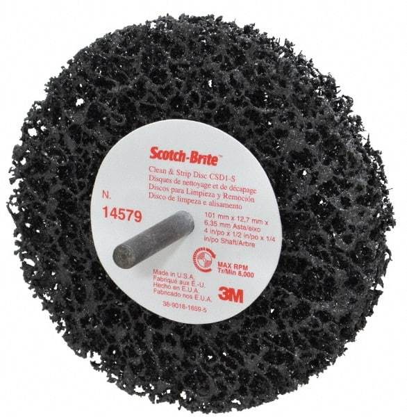 3M - 4" Very Coarse Grade Silicon Carbide Deburring Disc - 1/4" Shank Diam, 1/2" Center Hole, Shank Connection, Black, 8,000 Max RPM - Eagle Tool & Supply