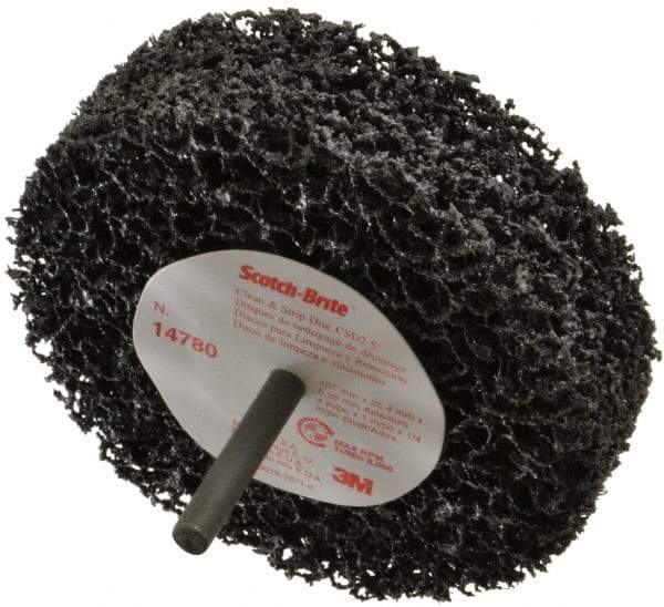 3M - 4" Very Coarse Grade Silicon Carbide Deburring Disc - 1/4" Shank Diam, 1" Center Hole, Shank Connection, Black, 8,000 Max RPM - Eagle Tool & Supply