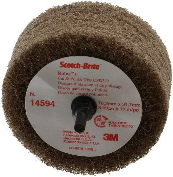3M - 3" Medium Grade Aluminum Oxide Deburring Disc - 1/4" Shank Diam, Shank Connection, Tan, 8,500 Max RPM - Eagle Tool & Supply