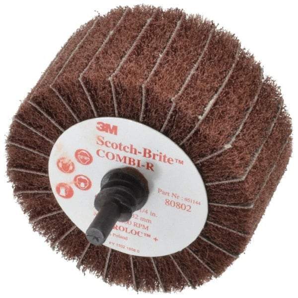 3M - 2-1/2" Diam x 1-1/4" Face Width, Medium Aluminum Oxide Nonwoven & Coated Mounted Flap Wheel - Roloc Mount, 80 Grit, X Weighted Backing, 7,000 Max RPM - Eagle Tool & Supply