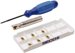 Seco - 3/8" Cut Diam, 0.197" Max Depth of Cut, 3/8" Shank Diam, 2.165" OAL, Indexable Square Shoulder End Mill - XO.X 0602 Inserts, Cylindrical Shank, 90° Lead Angle, Through Coolant, Series Nano Turbo - Eagle Tool & Supply