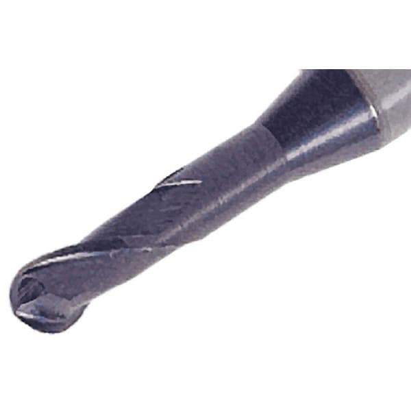 Iscar - 1.8mm Diam, 2.7mm LOC, 2 Flute Solid Carbide Ball End Mill - TiAlN Finish, Single End, 45mm OAL, 4mm Shank Diam, Spiral Flute - Eagle Tool & Supply