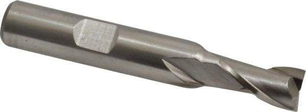 Interstate - 21/64", 9/16" LOC, 3/8" Shank Diam, 2-3/8" OAL, 2 Flute, High Speed Steel Square End Mill - Single End, Uncoated, Spiral Flute, 30° Helix, Centercutting, Right Hand Cut, Right Hand Flute - Eagle Tool & Supply