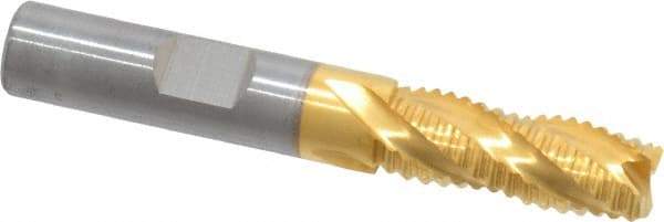 RobbJack - 3/8" Diam, Fine Pitch, 7/8" LOC, 4 Flute Solid Carbide Roughing Square End Mill - TiN Finish, 2-1/2" OAL, 3/8" Shank Diam, Single End, Centercutting, 30° Helix - Eagle Tool & Supply