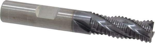 RobbJack - 3/8" Diam, Fine Pitch, 7/8" LOC, 4 Flute Solid Carbide Roughing Square End Mill - AlTiN Finish, 2-1/2" OAL, 3/8" Shank Diam, Single End, Centercutting, 30° Helix - Eagle Tool & Supply