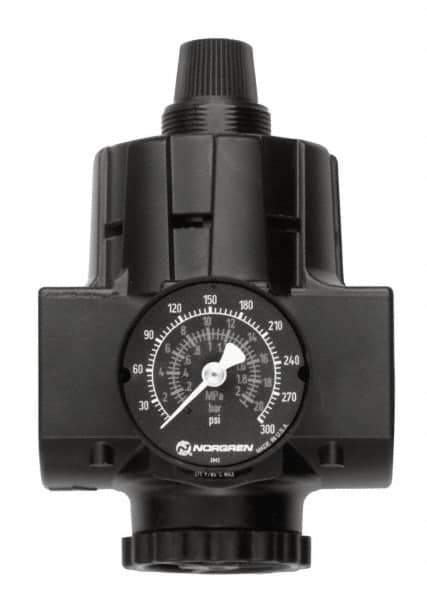 Norgren - 1 NPT Port, Zinc Hi-Flow Regulator - 10 to 125 psi Range, 300 Max psi Supply Pressure, 1/2" Gauge Port Thread, 2.91" Wide x 5.37" High - Eagle Tool & Supply