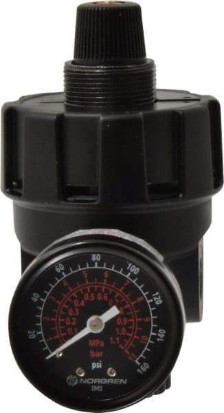 Norgren - 1/4 NPT Port, 200 CFM, Zinc Hi-Flow Regulator - 10 to 125 psi Range, 300 Max psi Supply Pressure, 1/4" Gauge Port Thread, 2.7" Wide x 4.83" High - Eagle Tool & Supply