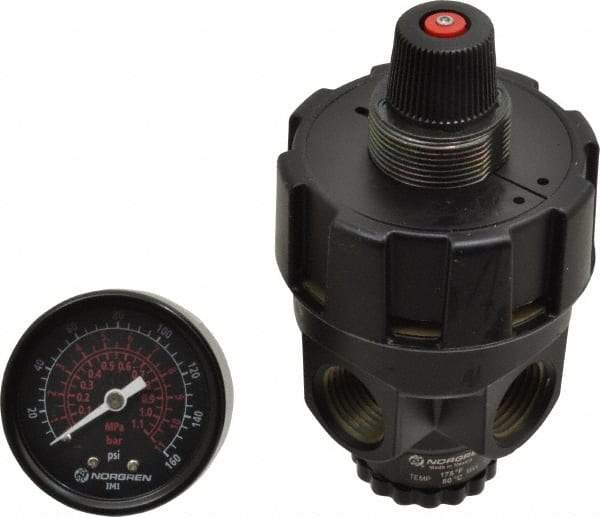 Norgren - 1/2 NPT Port, Zinc Hi-Flow Regulator - 10 to 125 psi Range, 300 Max psi Supply Pressure, 1/2" Gauge Port Thread, 2.7" Wide x 4.83" High - Eagle Tool & Supply