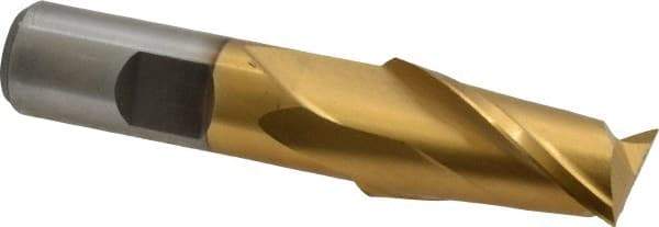 Interstate - 3/4", 1-5/16" LOC, 5/8" Shank Diam, 3-7/16" OAL, 2 Flute, High Speed Steel Square End Mill - Single End, TiN Finish, Spiral Flute, 30° Helix, Centercutting, Right Hand Cut, Right Hand Flute - Eagle Tool & Supply