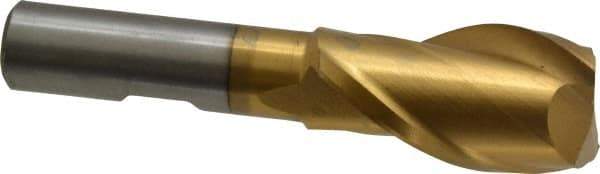 Interstate - 13/16", 1-1/2" LOC, 1/2" Shank Diam, 3-5/16" OAL, 2 Flute, High Speed Steel Square End Mill - Single End, TiN Finish, Spiral Flute, 30° Helix, Centercutting, Right Hand Cut, Right Hand Flute - Eagle Tool & Supply