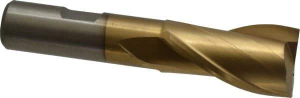 Interstate - 7/8", 1-1/2" LOC, 5/8" Shank Diam, 3-5/8" OAL, 2 Flute, High Speed Steel Square End Mill - Single End, TiN Finish, Spiral Flute, 30° Helix, Centercutting, Right Hand Cut, Right Hand Flute - Eagle Tool & Supply