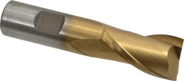 Interstate - 7/8", 1-1/2" LOC, 3/4" Shank Diam, 3-3/4" OAL, 2 Flute, High Speed Steel Square End Mill - Single End, TiN Finish, Spiral Flute, 30° Helix, Centercutting, Right Hand Cut, Right Hand Flute - Eagle Tool & Supply