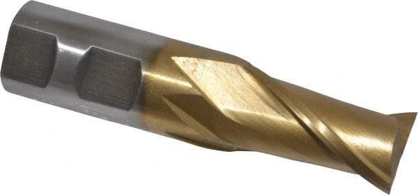 Interstate - 1", 1-5/8" LOC, 1" Shank Diam, 4-1/8" OAL, 2 Flute, High Speed Steel Square End Mill - Single End, TiN Finish, Spiral Flute, 30° Helix, Centercutting, Right Hand Cut, Right Hand Flute - Eagle Tool & Supply