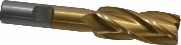 Interstate - 11/16", 1-5/8" LOC, 1/2" Shank Diam, 3-5/8" OAL, 4 Flute, High Speed Steel Square End Mill - Single End, TiN Finish, Spiral Flute, 30° Helix, Right Hand Cut, Right Hand Flute - Eagle Tool & Supply