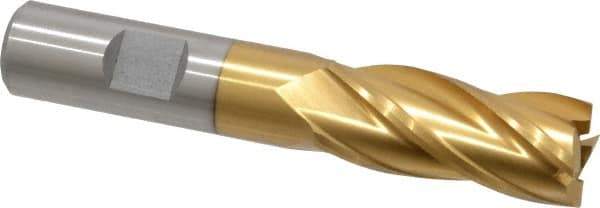 Interstate - 11/16", 1-5/8" LOC, 5/8" Shank Diam, 3-3/4" OAL, 4 Flute, High Speed Steel Square End Mill - Single End, TiN Finish, Spiral Flute, 30° Helix, Right Hand Cut, Right Hand Flute - Eagle Tool & Supply