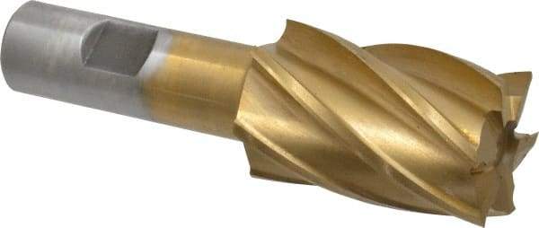 Interstate - 1-1/4", 2" LOC, 3/4" Shank Diam, 4-1/4" OAL, 6 Flute, High Speed Steel Square End Mill - Single End, TiN Finish, Spiral Flute, 30° Helix, Right Hand Cut, Right Hand Flute - Eagle Tool & Supply