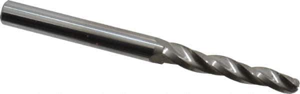 Accupro - 1° Taper Angle per Side, 3/16" Small End Diam, 1-1/4" LOC, Solid Carbide 3 Flute Tapered Ball End Mill - 3" OAL, 1/4" Shank Diam - Eagle Tool & Supply