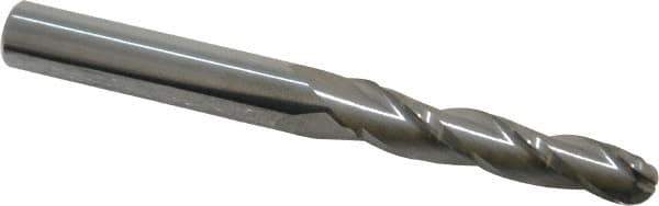 Accupro - 1° Taper Angle per Side, 1/4" Small End Diam, 1-1/4" LOC, Solid Carbide 3 Flute Tapered Ball End Mill - 3" OAL, 5/16" Shank Diam - Eagle Tool & Supply