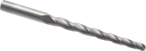 Accupro - 1° Taper Angle per Side, 1/4" Small End Diam, 3-1/4" LOC, Solid Carbide 3 Flute Tapered Ball End Mill - 5" OAL, 3/8" Shank Diam - Eagle Tool & Supply